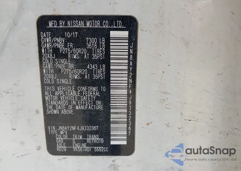 2018 Nissan Armada Platinum z USA, uszkodzony, nr VIN JN8AY2NF4J9332367